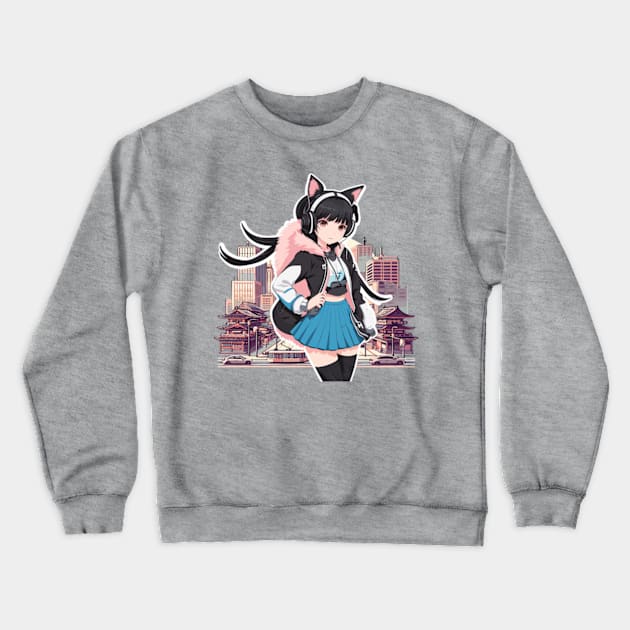 Nekomimi Otaku Fashion: A stylish cat girl in the city Crewneck Sweatshirt by Otaku in Love